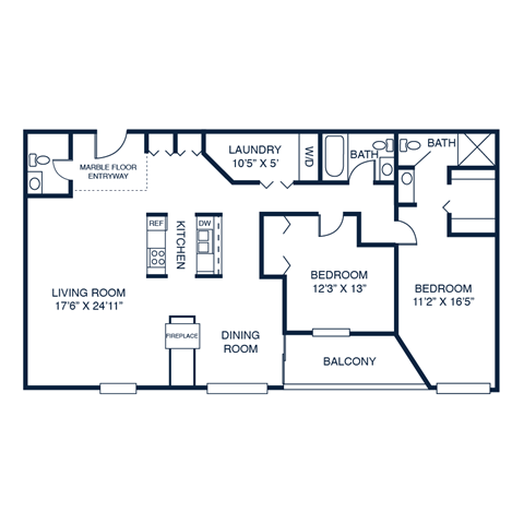 Floor plan for 2 beds, 3 baths, 1499 sqft